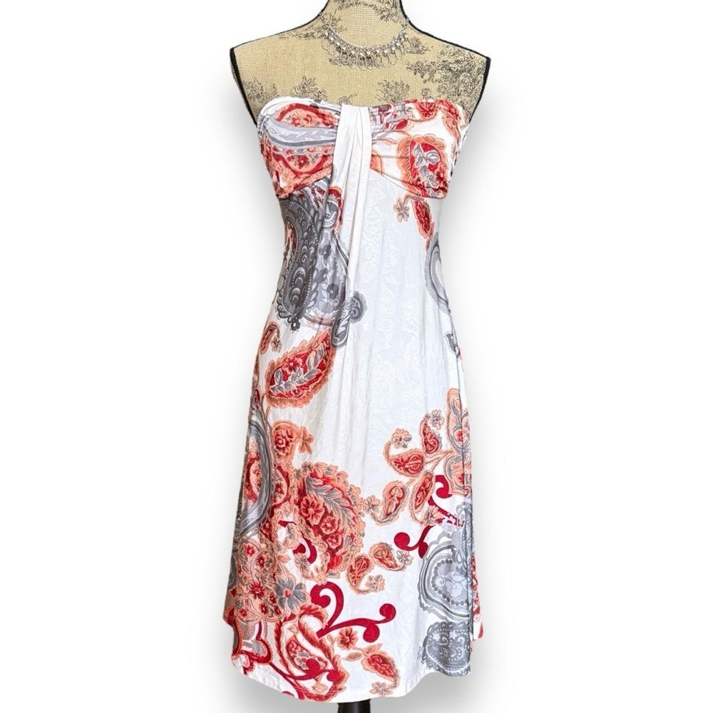 Y2K White & Red Paisley Strapless Dress Size S